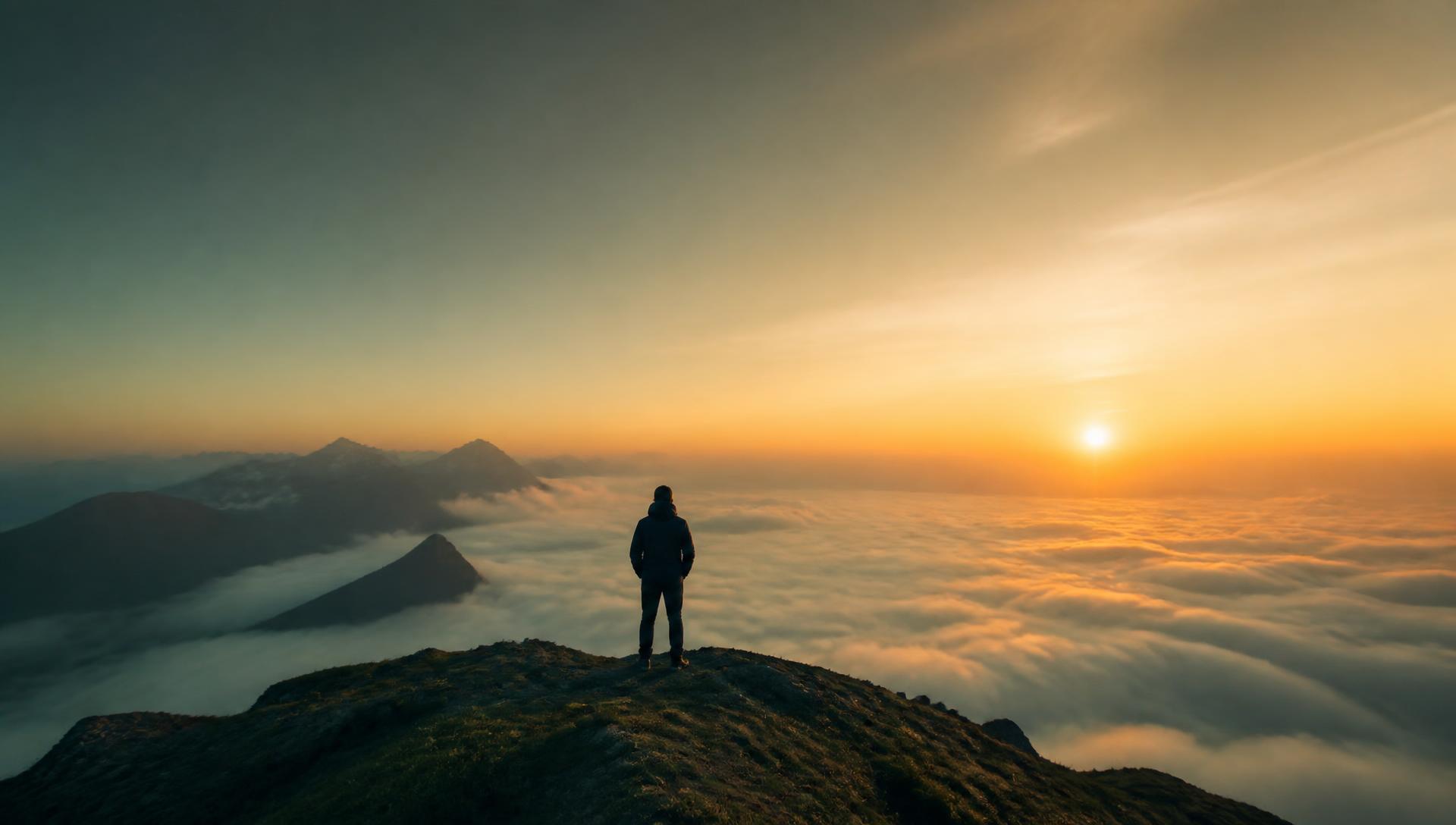 Persona de pie frente a un amanecer sobre las nubes