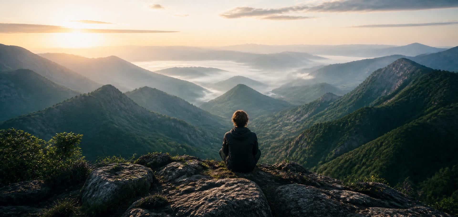 Amanecer sobre un valle de montañas